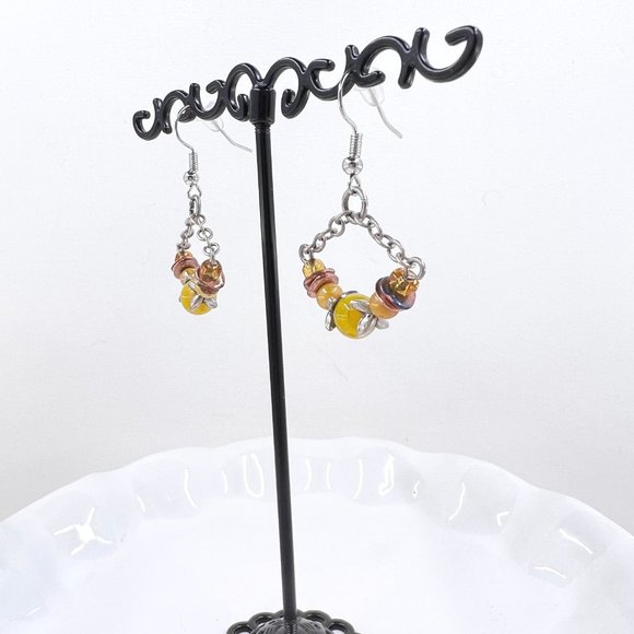 NWT – Chico’s – BOHO Yellow & Copper Beaded Silver Tone Dangle Fishhook Earrings - Picture 4 of 8